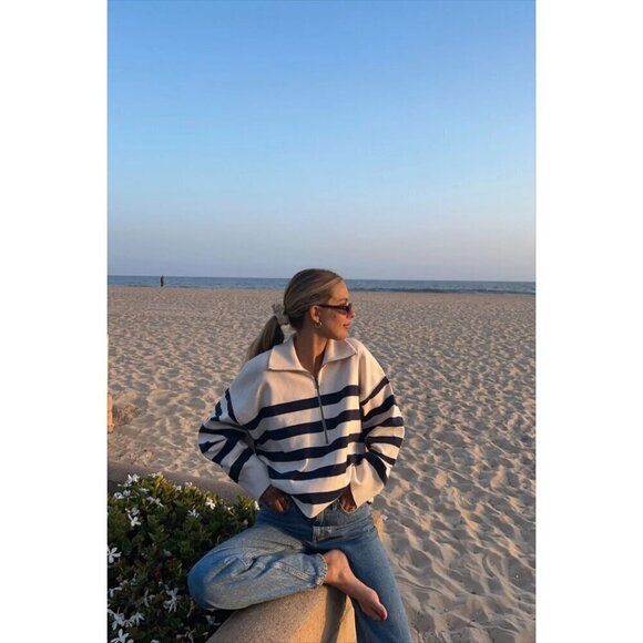 FREE PEOPLE Coastal Stripe Pullover in Champagne Navy Combo Size Medium - Picture 14 of 16